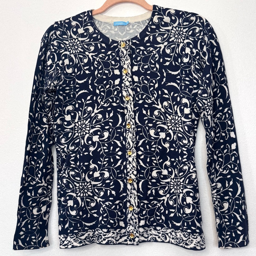 J. McLaughlin Women’s Blue/White Patterned Gold Button Closure Cardigan Sweater
